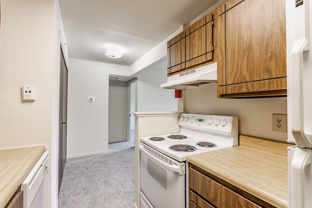 A kitchen with a stove top oven and a refrigerator