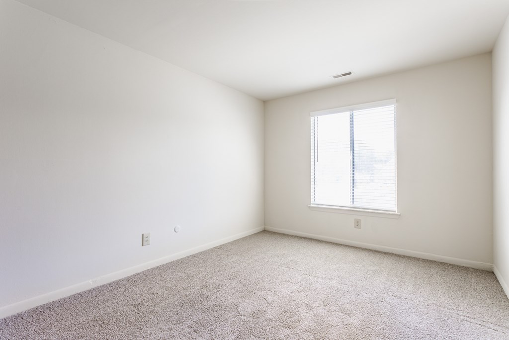 A white room with a window and carpeted floor