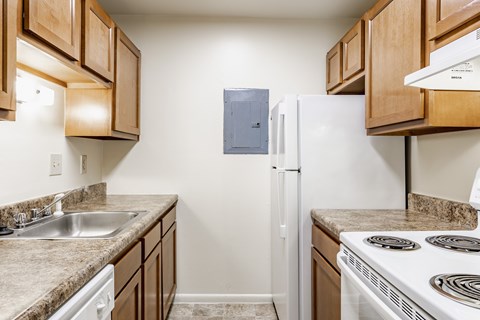 A kitchen with a white refrigerator and a stove top oven.