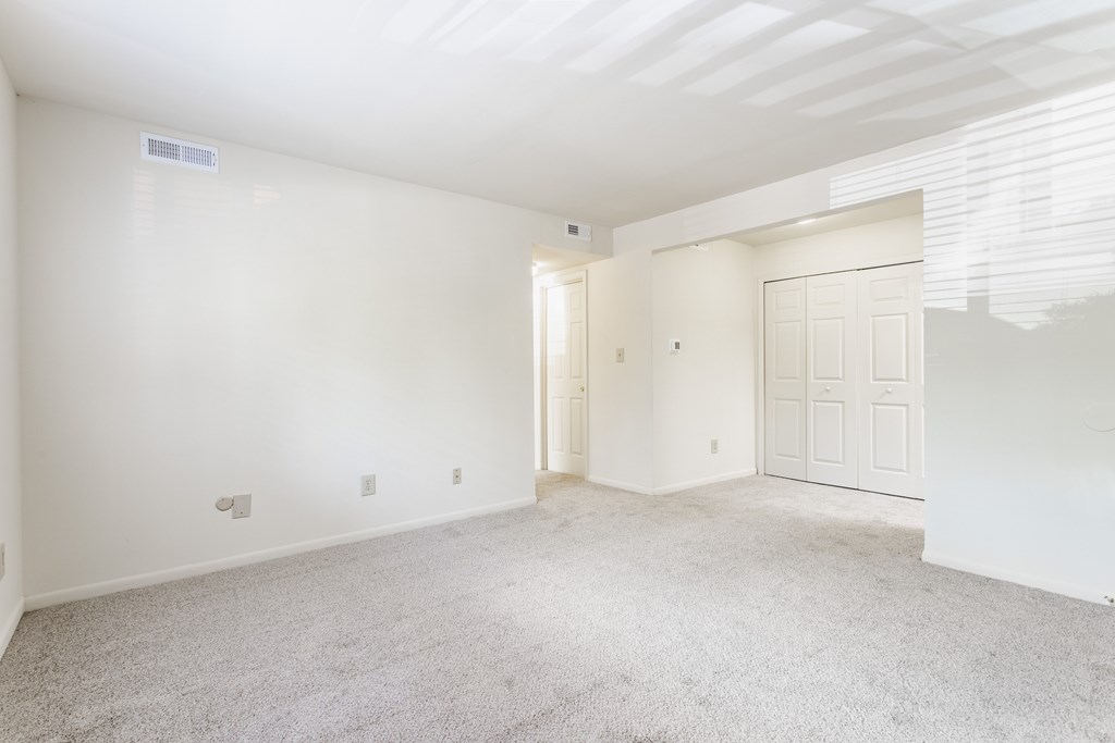A spacious room with white walls and carpeted floor