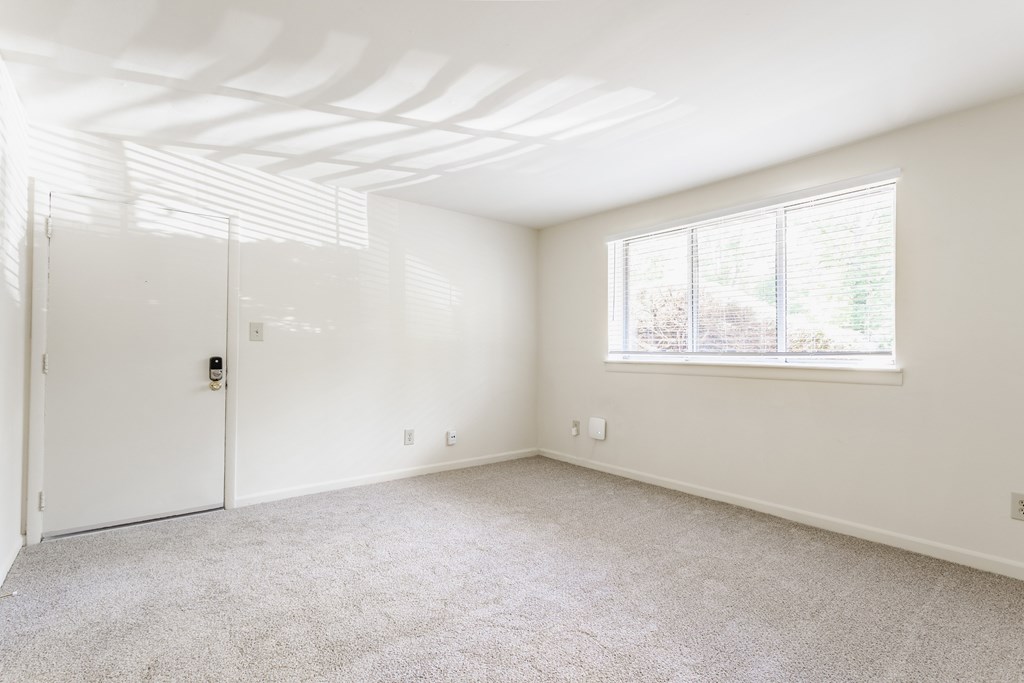A room with a white door and a window with blinds