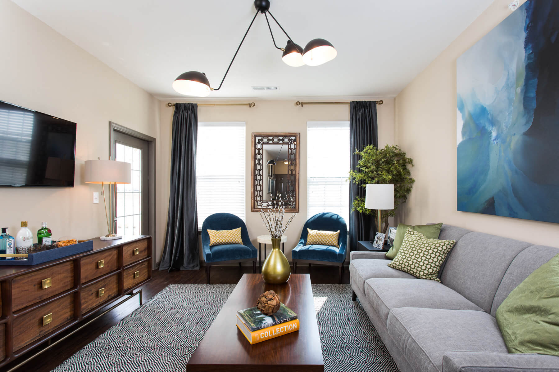 a living room with a couch and a coffee table