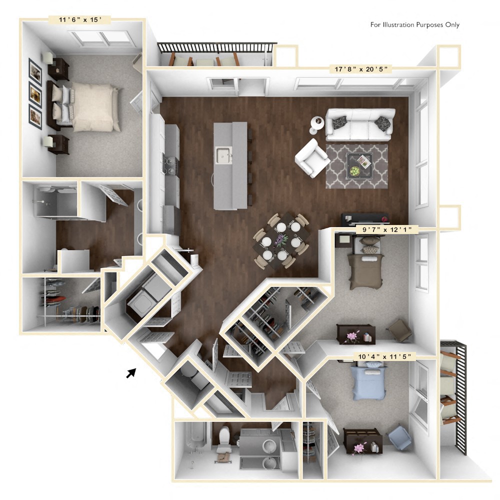 C1 - 3 Bed - 2 Bath Floor Plan at Avant Apartments, Indiana, 46032