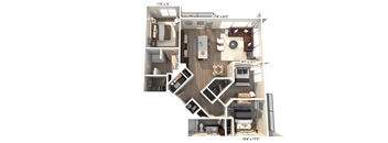 A 3D floor plan of an apartment with dimensions and room labels