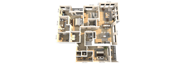 3D floor plan of three bedroom two bathroom apartment at Icon on Main Apartments, Indiana