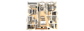 A 3D floor plan of a house with dimensions and room labels.