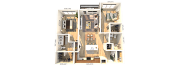 A 3D floor plan of an apartment with dimensions and room labels.