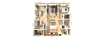 A 3D floor plan of a small apartment with a living room, kitchen, and two bedrooms.