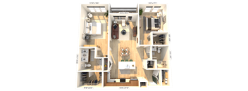 A 3D floor plan of a house with a living room, kitchen, dining room, and two bedrooms.
