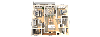 A 3D floor plan of a house with a living room, kitchen, dining room, and two bedrooms.