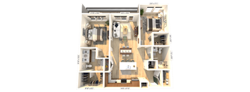 A 3D floor plan of a house with labeled dimensions.