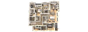 3D floor plan of spacious three bedroom apartment at Icon on Main Apartments, Indiana, 46032