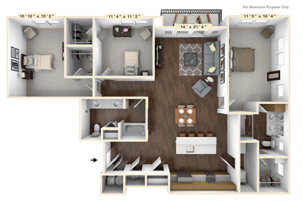 C2 - 3 Bed - 2 Bath Floor Plan at Avant Apartments, Carmel, IN, 46032