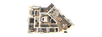 A 3D floor plan of a house with a living room, kitchen, and two bedrooms.