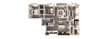 A floor plan of a three-bedroom apartment with a living room, kitchen, and bathroom