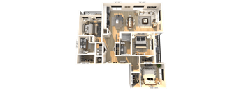 3D floor plan of three bedroom townhome style apartment at Icon on Main Apartments, Carmel, IN