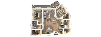 A 3D floor plan of a house with a living room, kitchen, and two bedrooms.