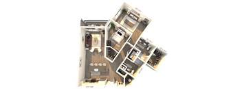 A 3D floor plan of a house with a kitchen, living room, and two bedrooms.