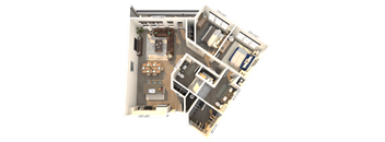 A 3D floor plan of a house with a living room, kitchen, and two bedrooms.