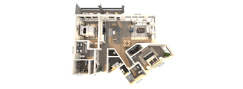 A 3D floor plan of an apartment layout.