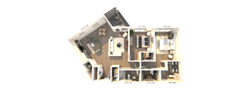 A 3D floor plan of a house with labeled rooms and dimensions.
