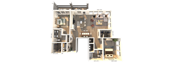 A 3D floor plan of a house with labeled rooms and dimensions.