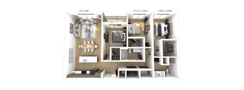A floor plan image of a 3 bedroom 2 bathroom apartment