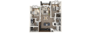 A 3D floor plan of a small apartment with a living room, kitchen, and bedroom.