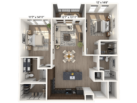 A 3D floor plan of a small apartment with a living room, kitchen, and bedroom.