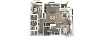 A 3D floor plan of an apartment with a kitchen, living room, and bathroom.