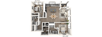 A 3D floor plan of an apartment with a living room, kitchen, and two bedrooms.