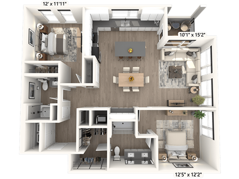 A 3D floor plan of a house with a living room, kitchen, and two bedrooms.