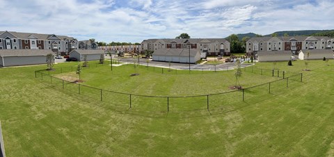 an aerial view of a fenced in dog  park at Chase Creek Apartment Homes, Huntsville, AL, 35811