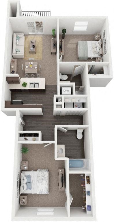 Two Bedroom Two Bathroom floor plan at Chase Creek Apartment Homes in Huntsville, AL
