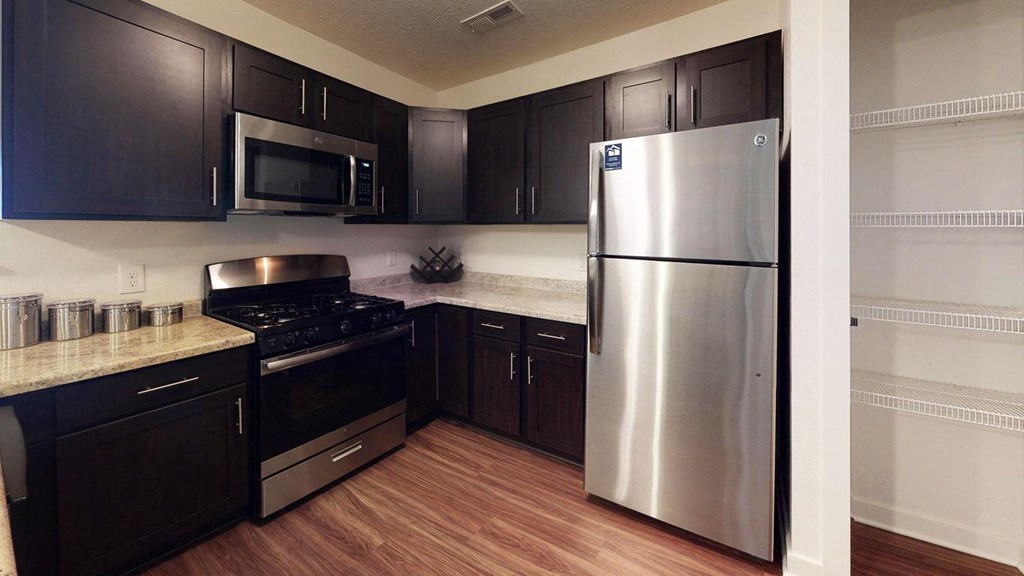 a kitchen with stainless steel appliances and a pantry