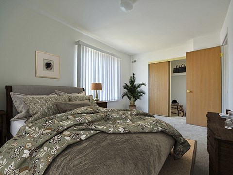 a bedroom with a bed and a closet