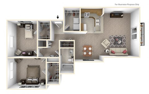 2-Bed/1-Bath, The Christian Floor Plan at Prairie Lakes Apartments, Peoria, Illinois
