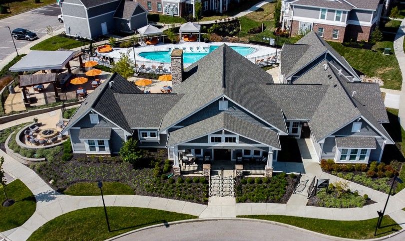 Clubhouse Drone View at River Crossing Apartments, St. Charles, MO, 63303