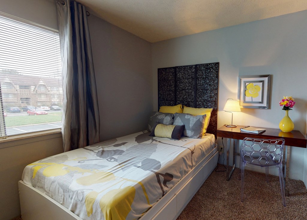 Bedroom with window at The Timbers Apartments, Evansville, Indiana