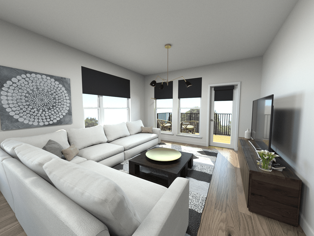 modern living room with large white sectional couch and a coffee table with view of balcony at Luxe 360 in Midlothian, Midlothian