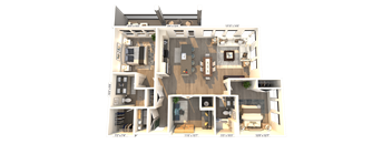 A 3D floor plan of a house with labeled dimensions.