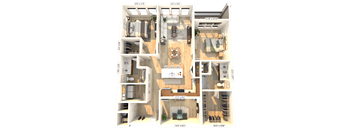 A 3D floor plan of a house with a living room, kitchen, and two bedrooms.