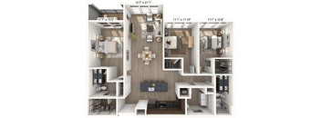 A 3D floor plan of a house with dimensions and various rooms labeled.