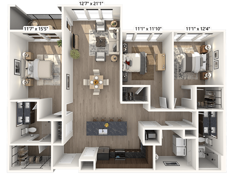 A 3D floor plan of a house with dimensions and various rooms labeled.