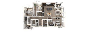 A 3D floor plan of a house with dimensions and furniture layout.