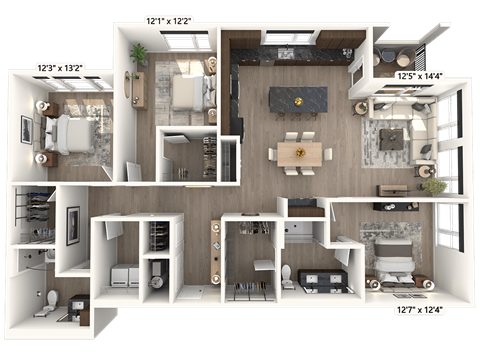 A 3D floor plan of a house with dimensions and furniture layout.