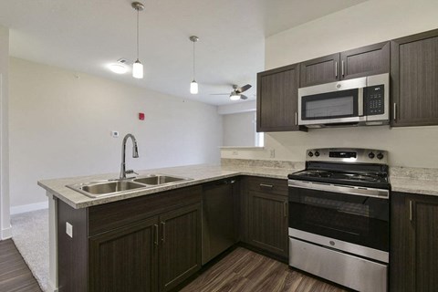 a kitchen with a sink and a stove and a microwave