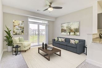 Living Room Leads To Private Balcony at Dodson Pointe Apartment Homes, Rogers, AR
