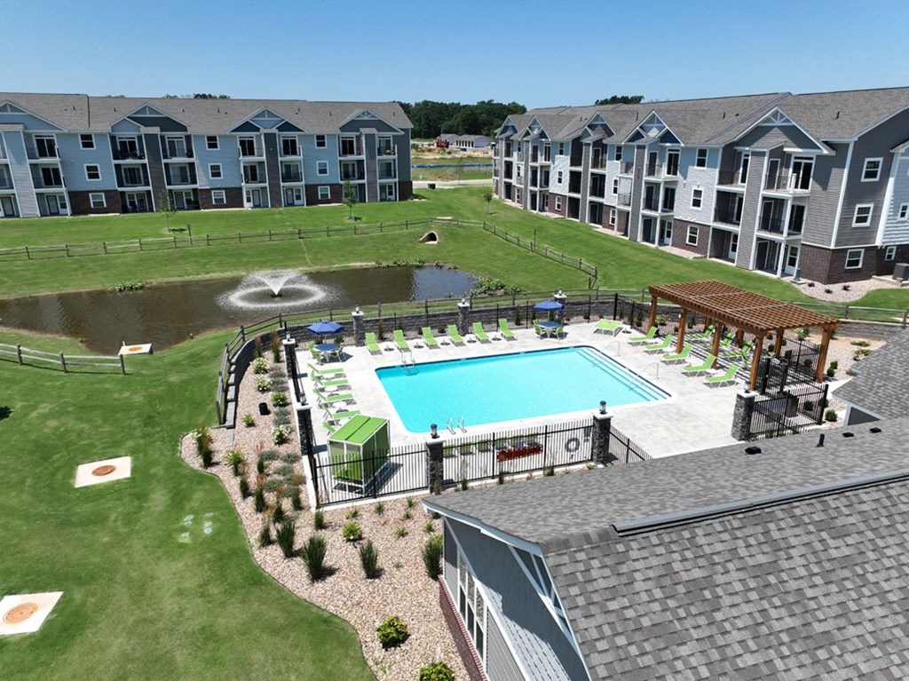 Aerial View of Swimming Pool Aerial View of Swimming Pool at Dodson Pointe Apartment Homes in Rogers, AR