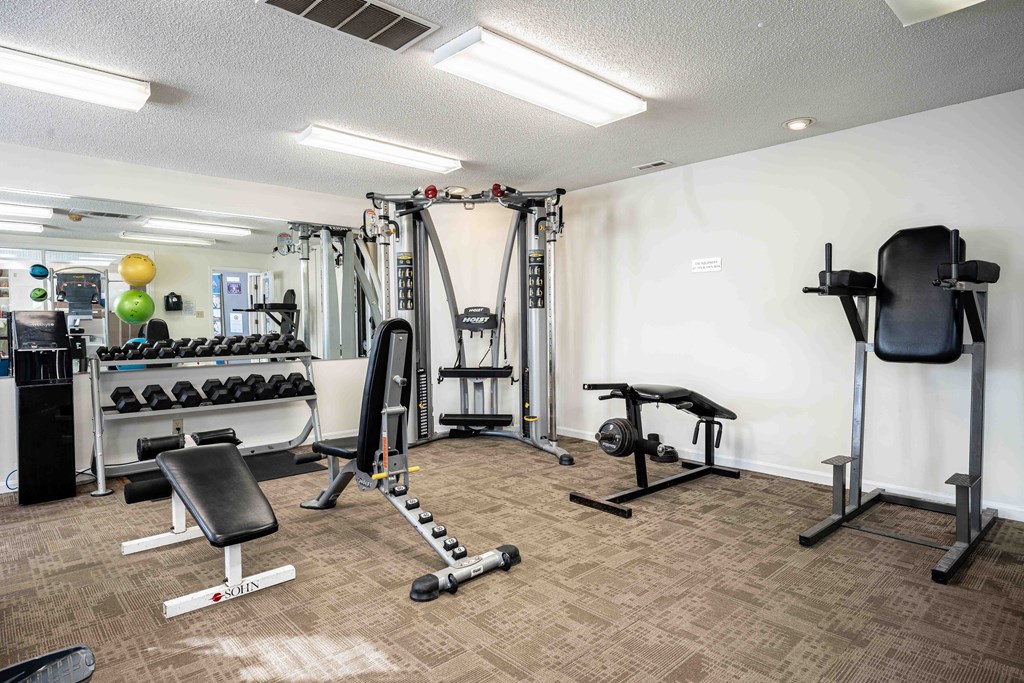 A well-equipped gym with various fitness machines and weights